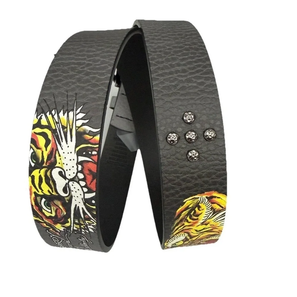 Ed Hardy Graphic Tiger Tattoo Style Design Gray Belt VB97510EHQA Size 38 NWT.